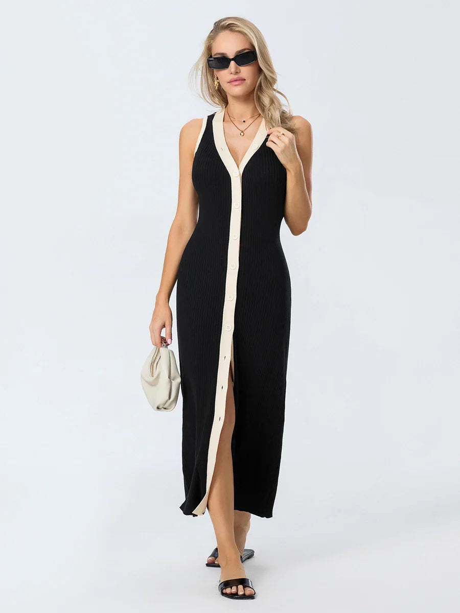 Eliza | Elegant Button Front Ribbed Dress For Any Occasion