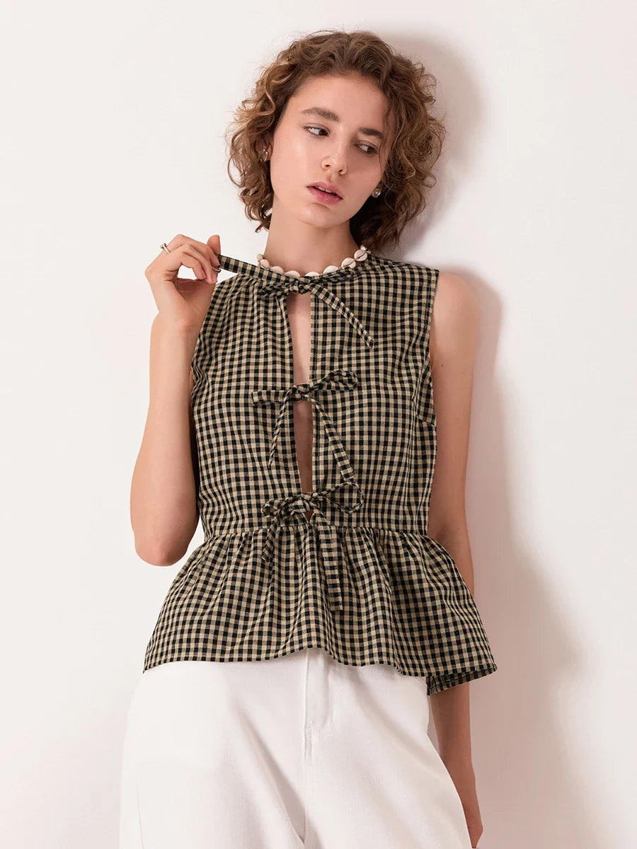 Layla | Chic Gingham Bow-Tie Peplum Top for Stylish Outings