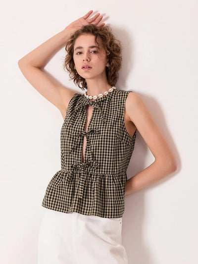 Layla | Chic Gingham Bow-Tie Peplum Top for Stylish Outings