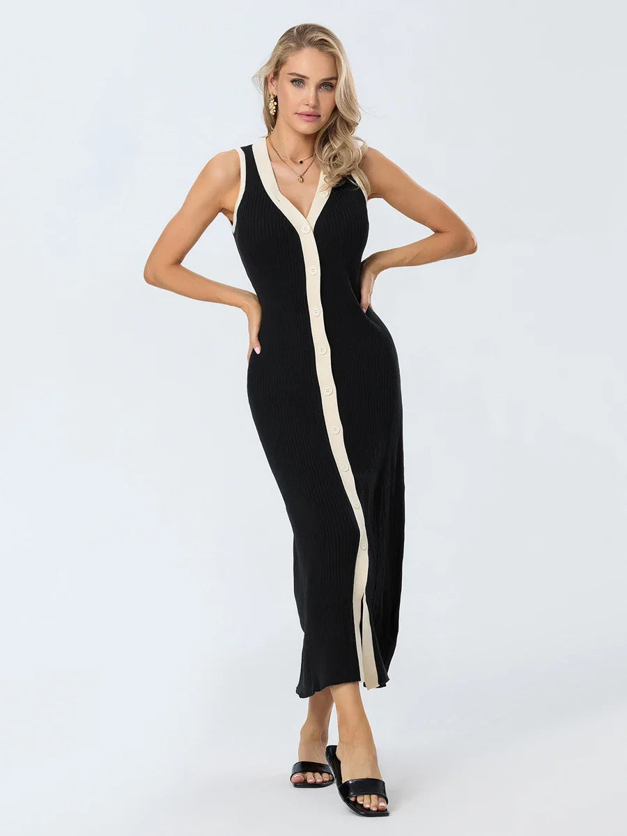 Eliza | Elegant Button Front Ribbed Dress For Any Occasion